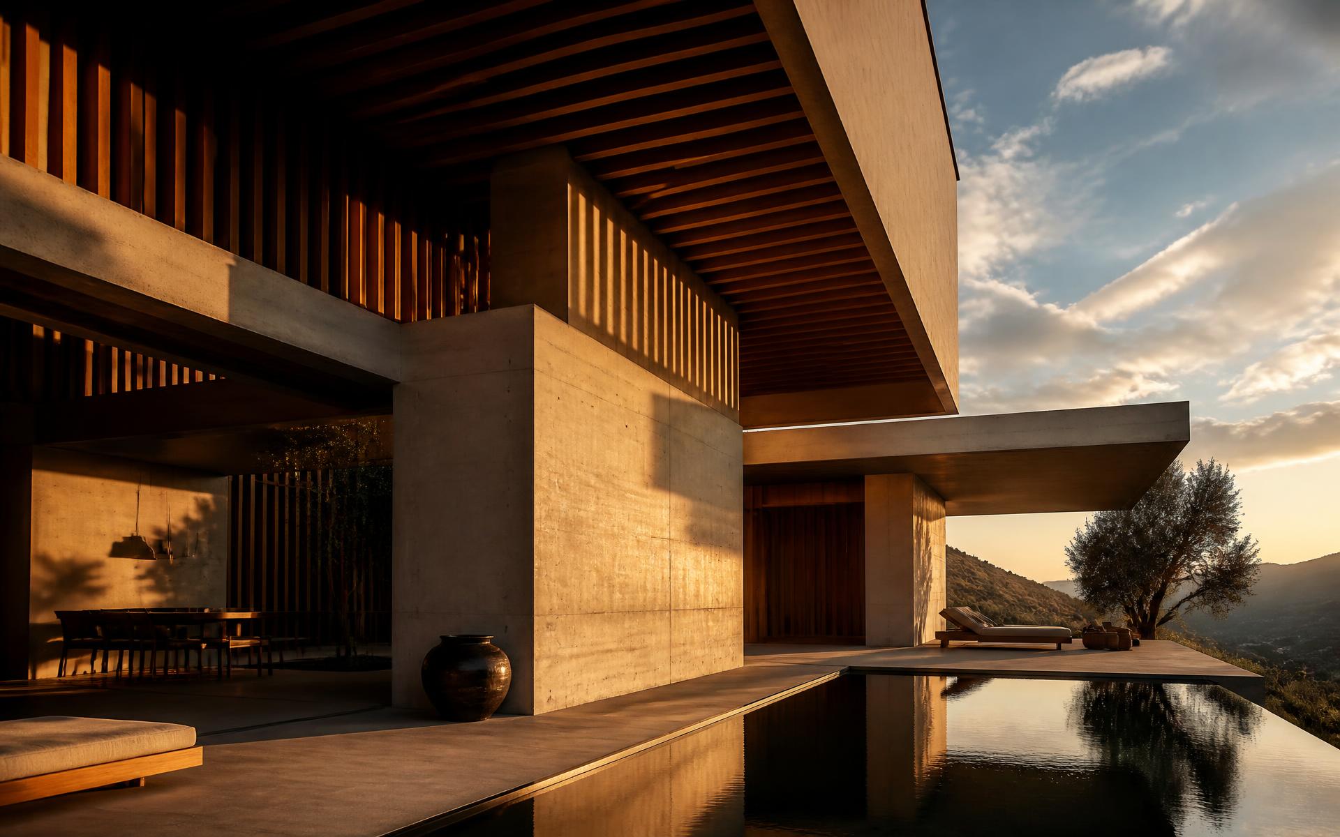 Concrete and timber house at golden hour with deep overhangs and a reflecting pool